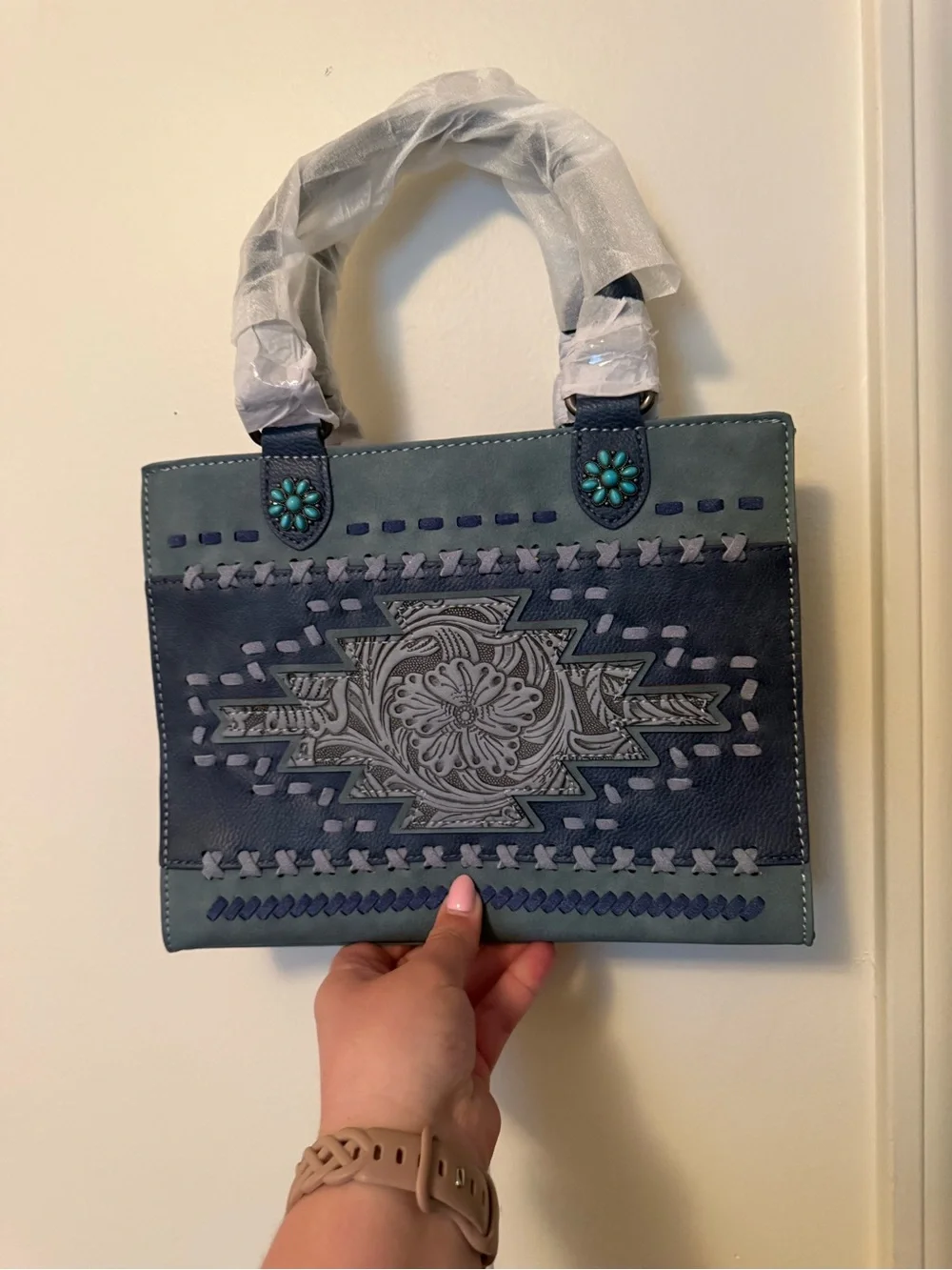 Montana West Teal and Navy Embroidered Crossbody Tote